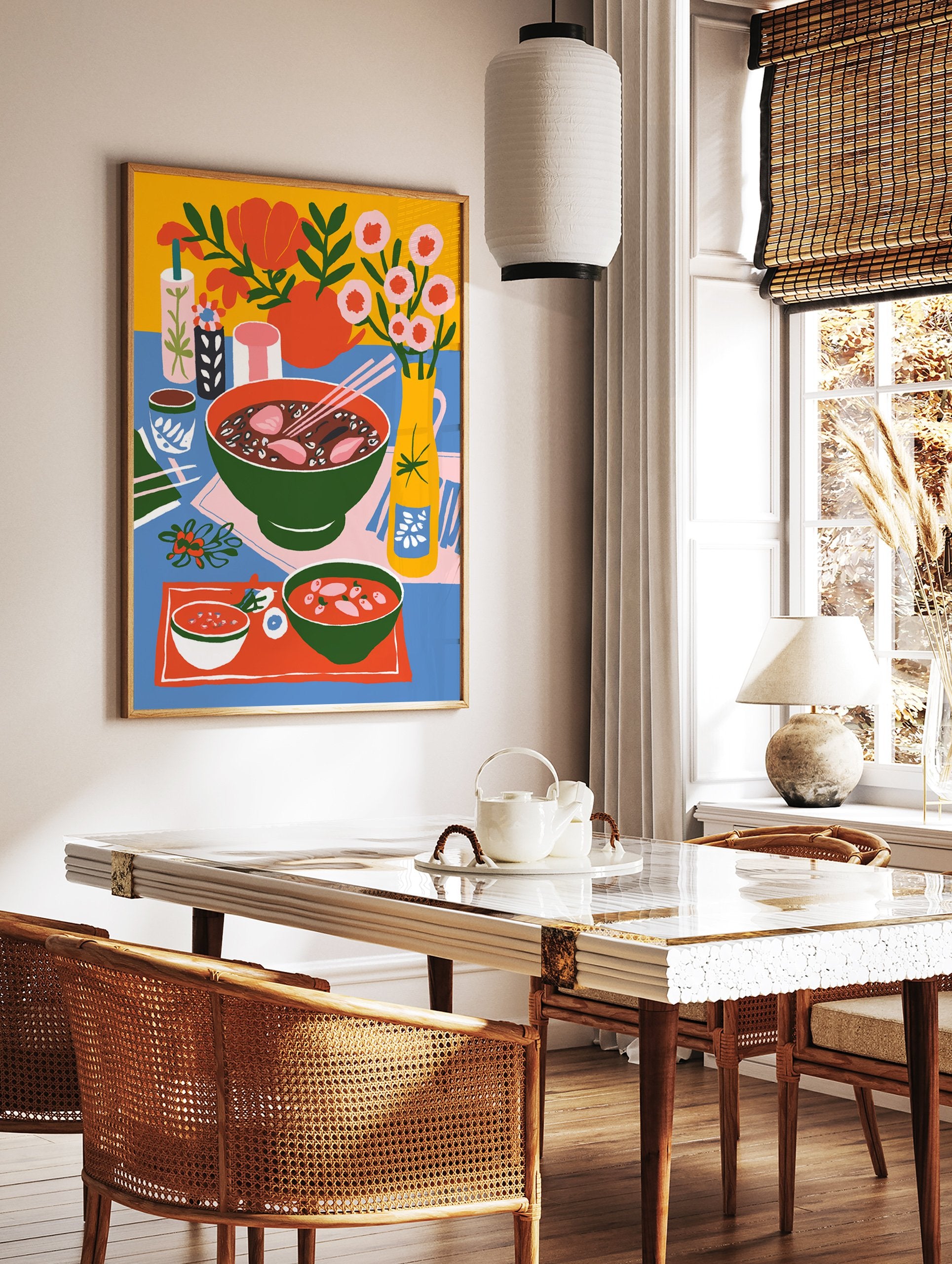 Vibrant food poster of an illustrative still life featuring bowls of soup with chopsticks, flowers, and drinks on a blue table. - Image 2