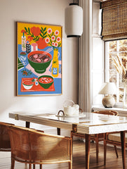 Vibrant food poster of an illustrative still life featuring bowls of soup with chopsticks, flowers, and drinks on a blue table. - Image 2