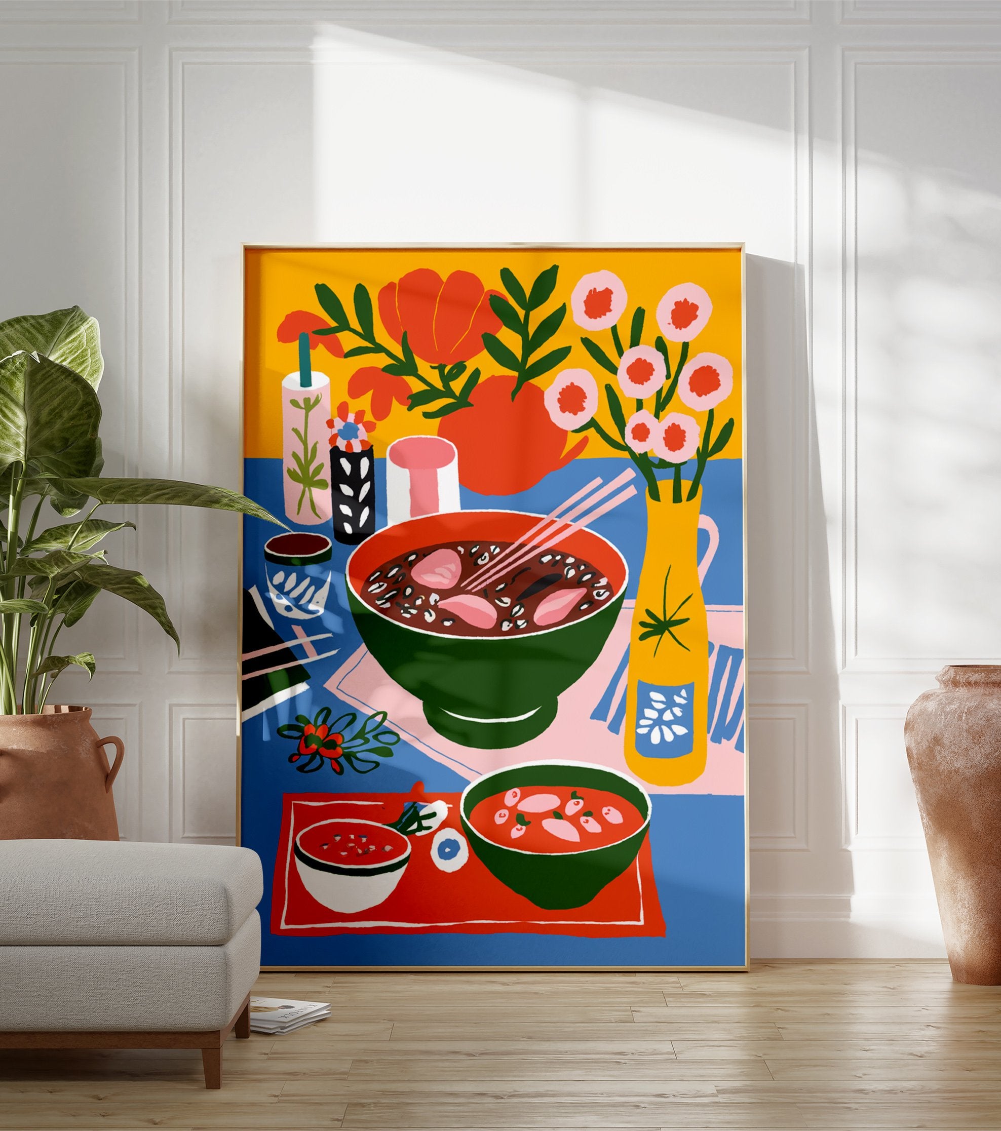 Vibrant food poster of an illustrative still life featuring bowls of soup with chopsticks, flowers, and drinks on a blue table. - Image 3