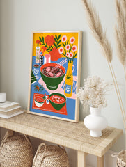 Vibrant food poster of an illustrative still life featuring bowls of soup with chopsticks, flowers, and drinks on a blue table. - Image 4
