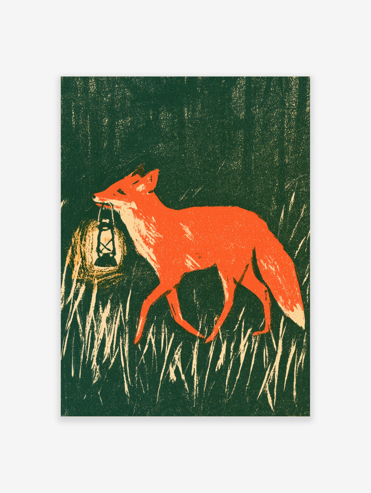 Orange fox carrying a lantern in tall grass on a dark green background, animal art print