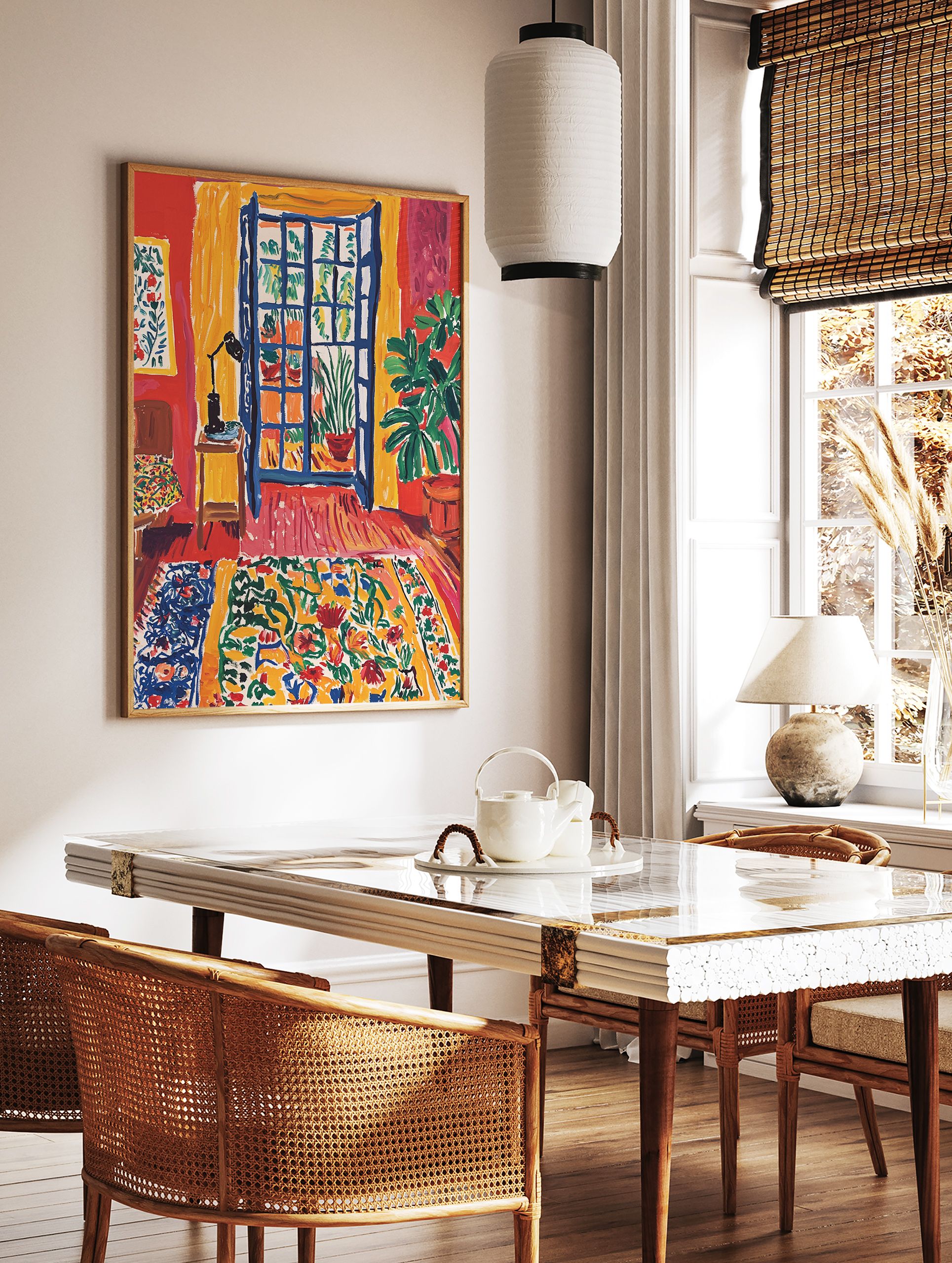 Vibrant interior room poster with a blue open window, green plants in pots, red walls, yellow curtains, and a colorful floral rug. - Image 2