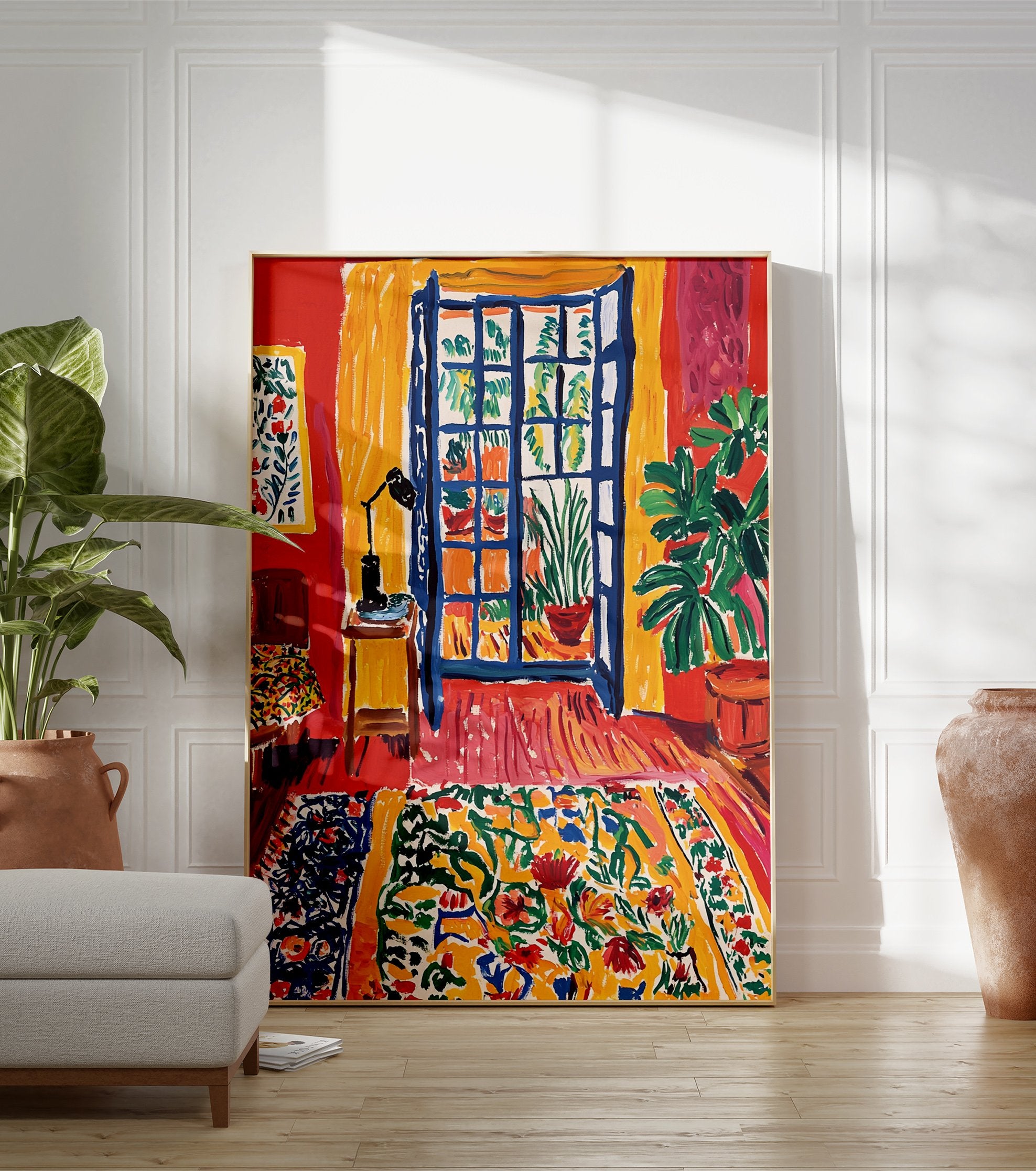 Vibrant interior room poster with a blue open window, green plants in pots, red walls, yellow curtains, and a colorful floral rug. - Image 3