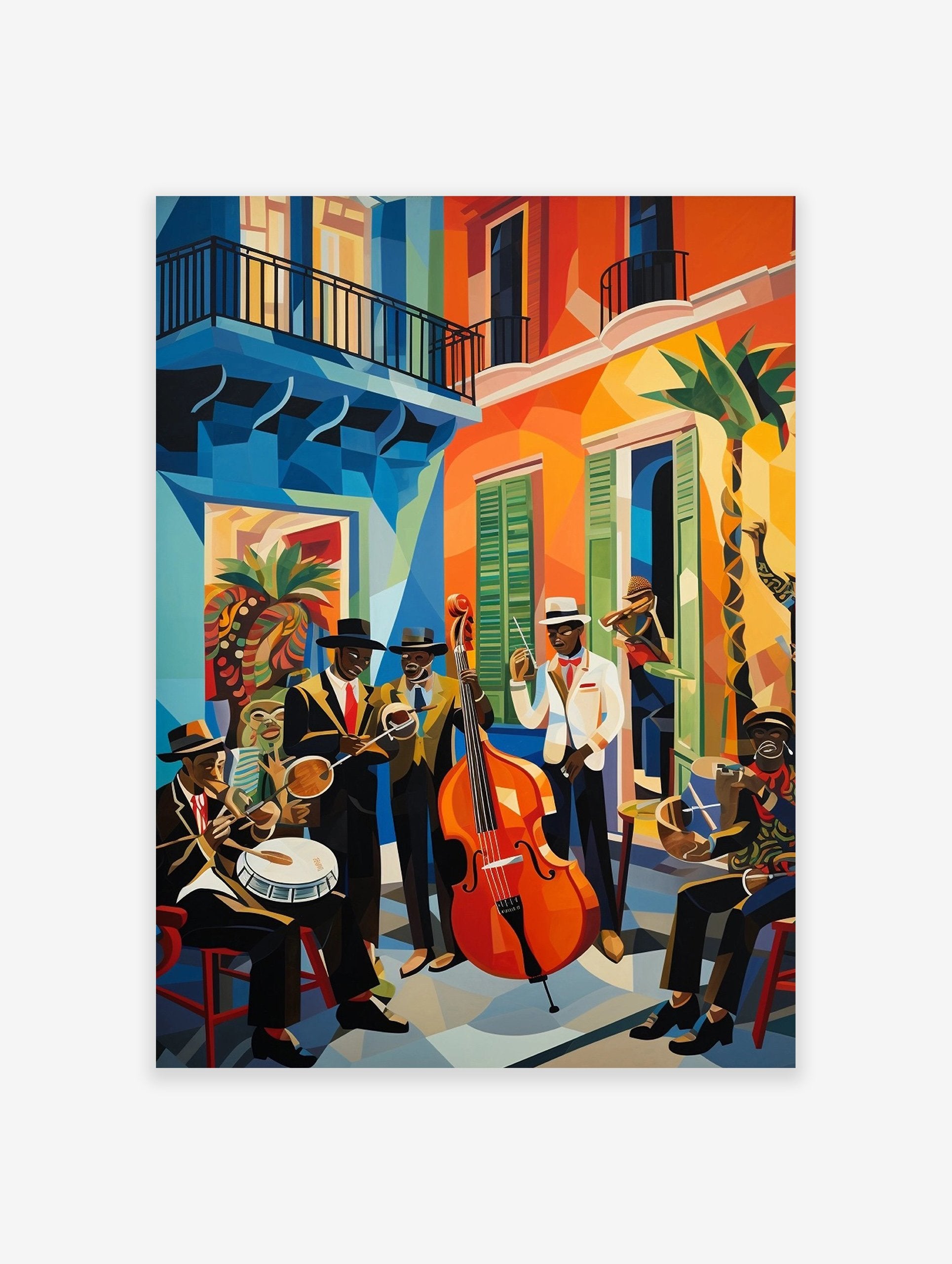 Vibrant Cubist jazz band poster depicting musicians playing instruments on a colorful street with buildings and palm trees.