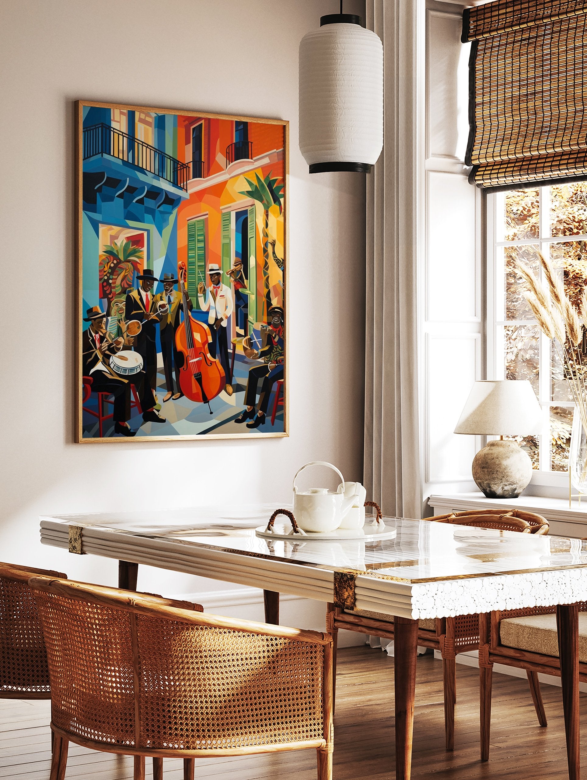 Vibrant Cubist jazz band poster depicting musicians playing instruments on a colorful street with buildings and palm trees. - Image 2
