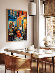 Vibrant Cubist jazz band poster depicting musicians playing instruments on a colorful street with buildings and palm trees. - Image 2