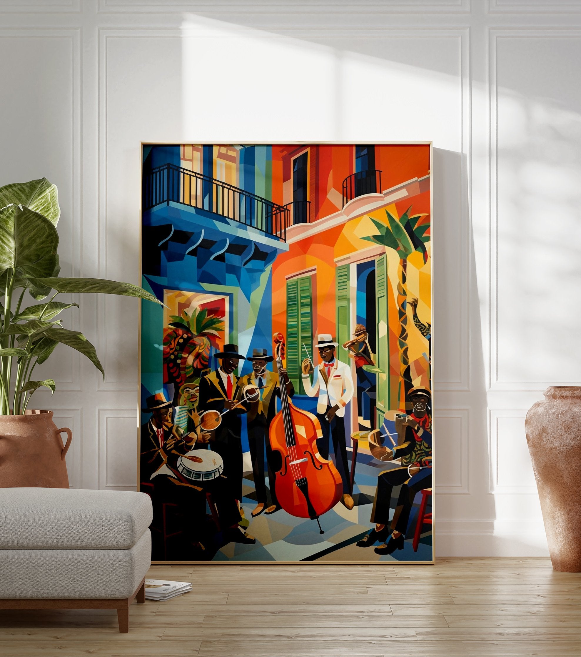 Vibrant Cubist jazz band poster depicting musicians playing instruments on a colorful street with buildings and palm trees. - Image 3