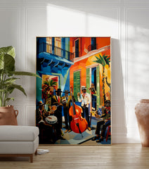 Vibrant Cubist jazz band poster depicting musicians playing instruments on a colorful street with buildings and palm trees. - Image 3