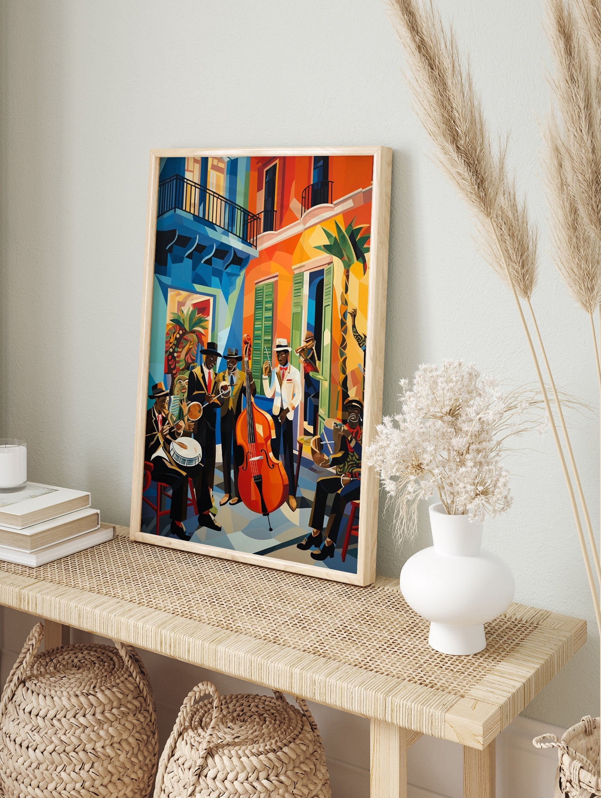 Vibrant Cubist jazz band poster depicting musicians playing instruments on a colorful street with buildings and palm trees. - Image 4