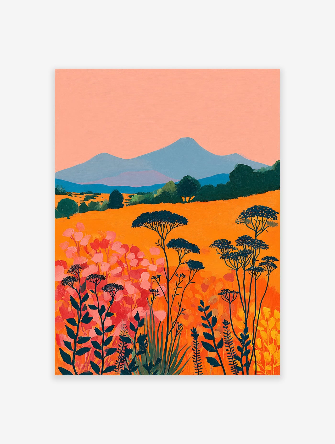 Vibrant abstract landscape wall art featuring an orange field with pink and red flowers, blue mountains, and dark green trees.