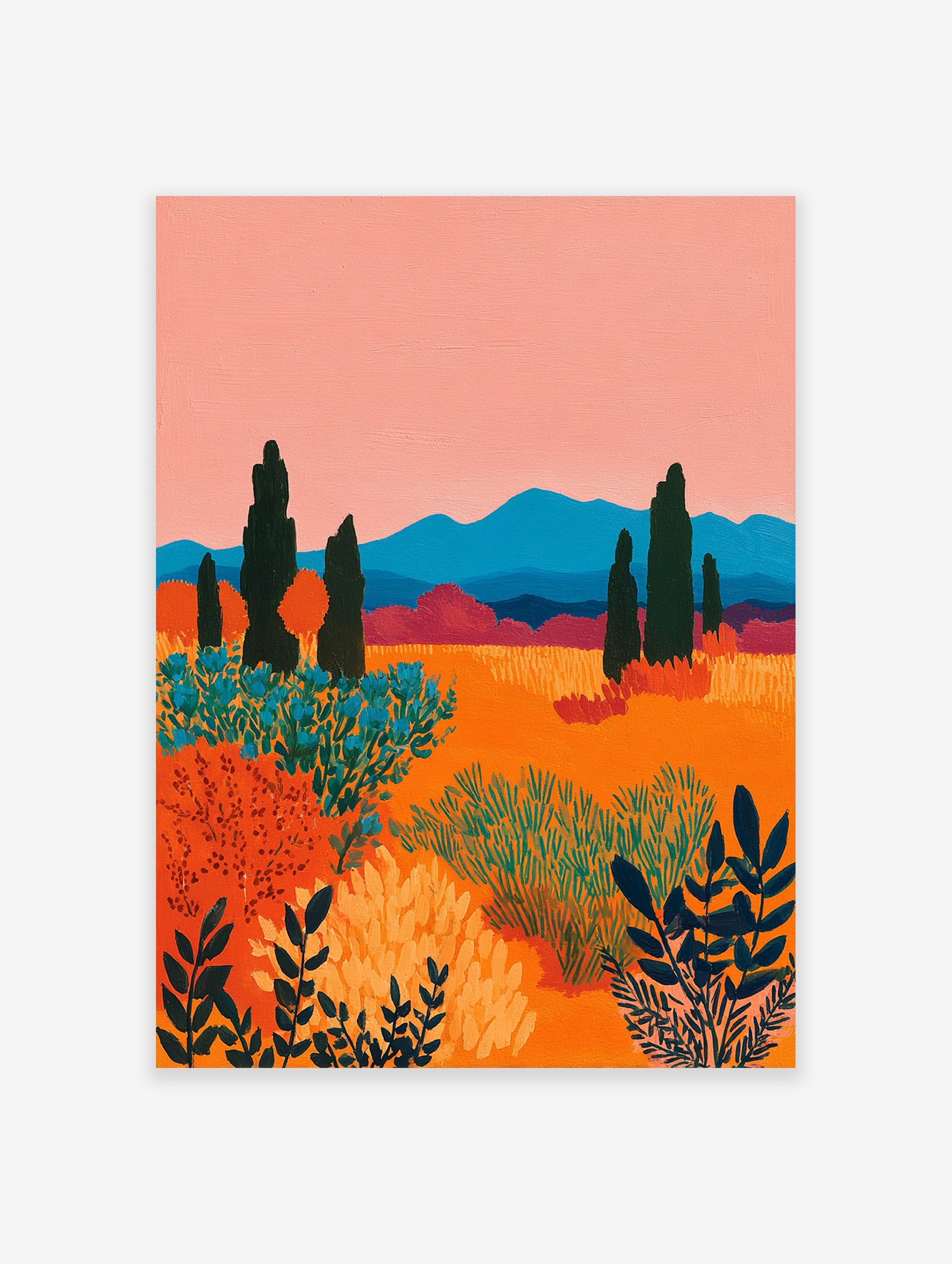 Vibrant landscape painting featuring abstract orange fields, pink sky, blue mountains, and dark green cypress trees and bushes.