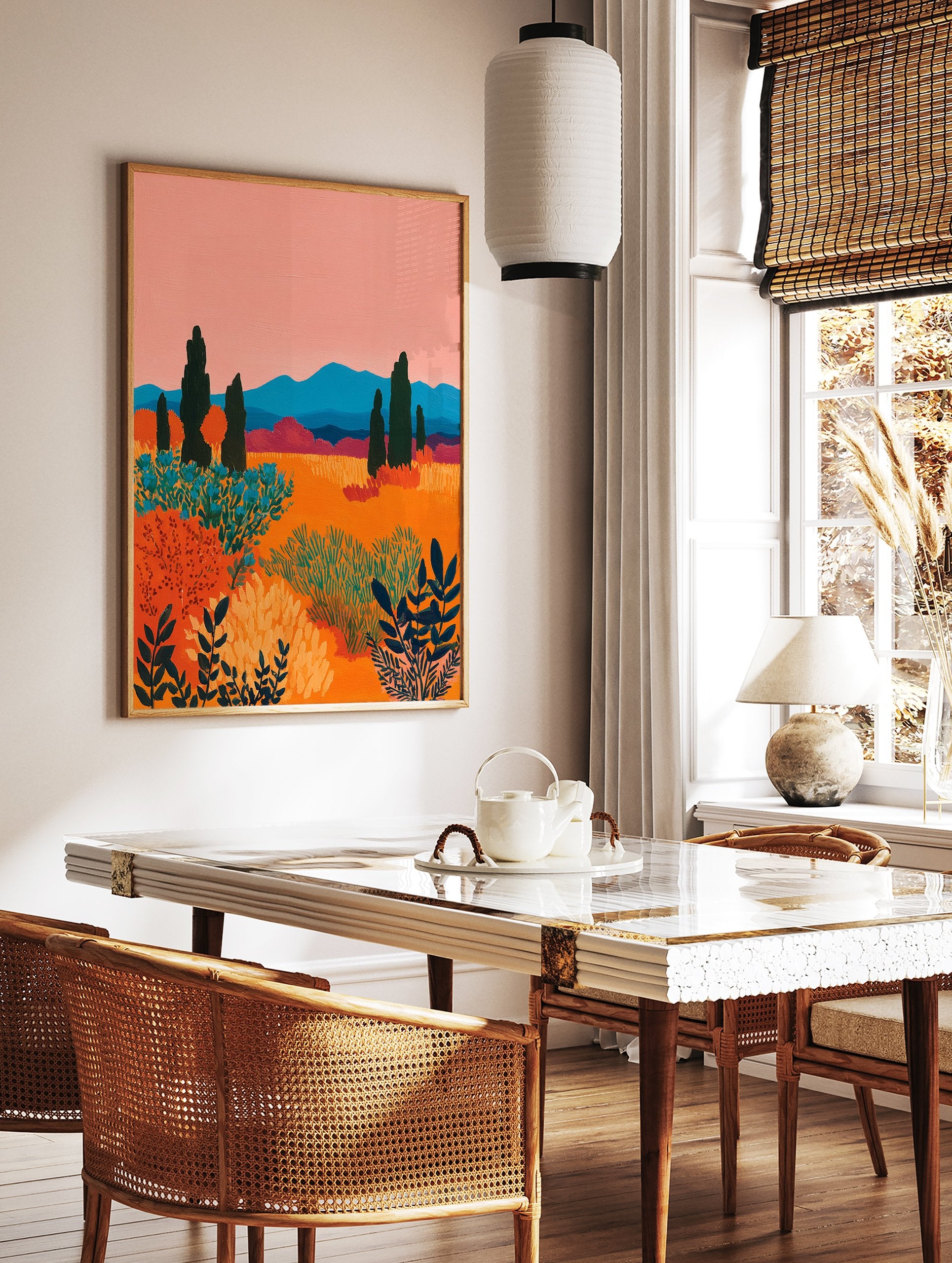 Vibrant landscape painting featuring abstract orange fields, pink sky, blue mountains, and dark green cypress trees and bushes. - Image 2