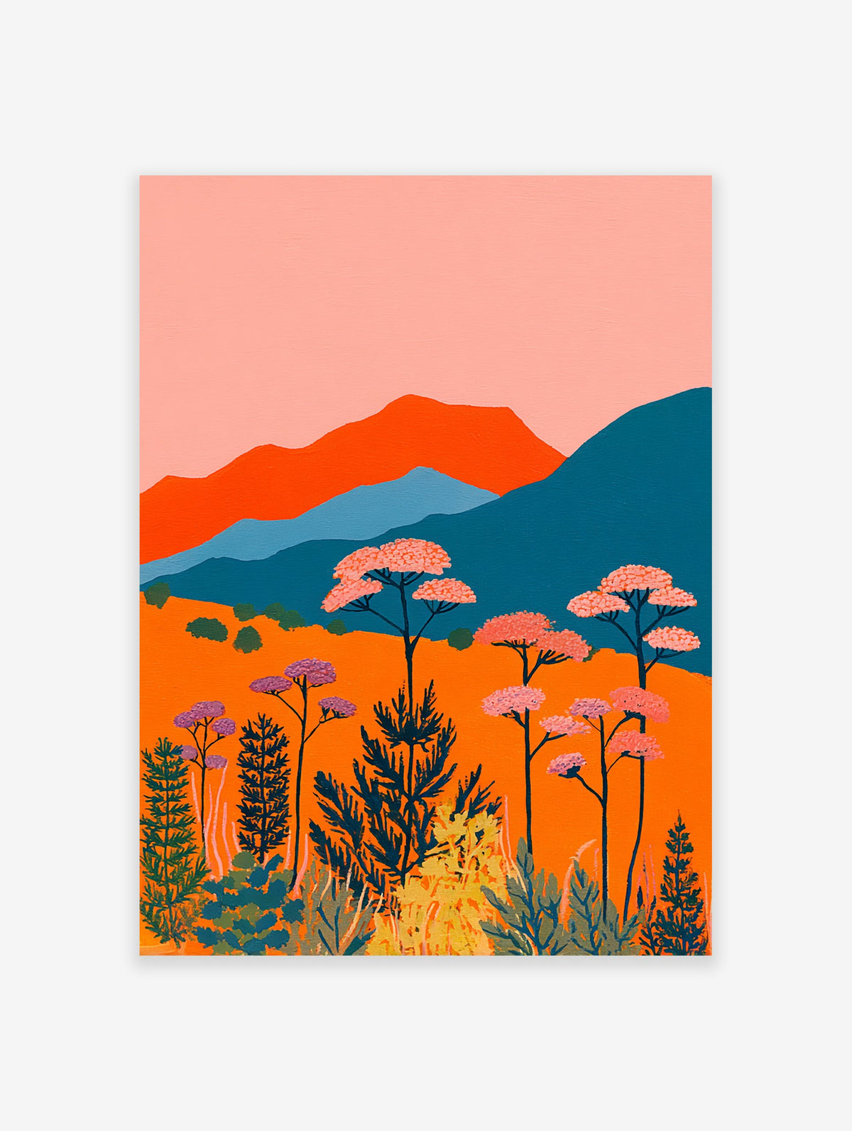 Vibrant landscape wall art with orange fields, pink flowering trees, and teal mountains under a pink sky in an illustrative style.