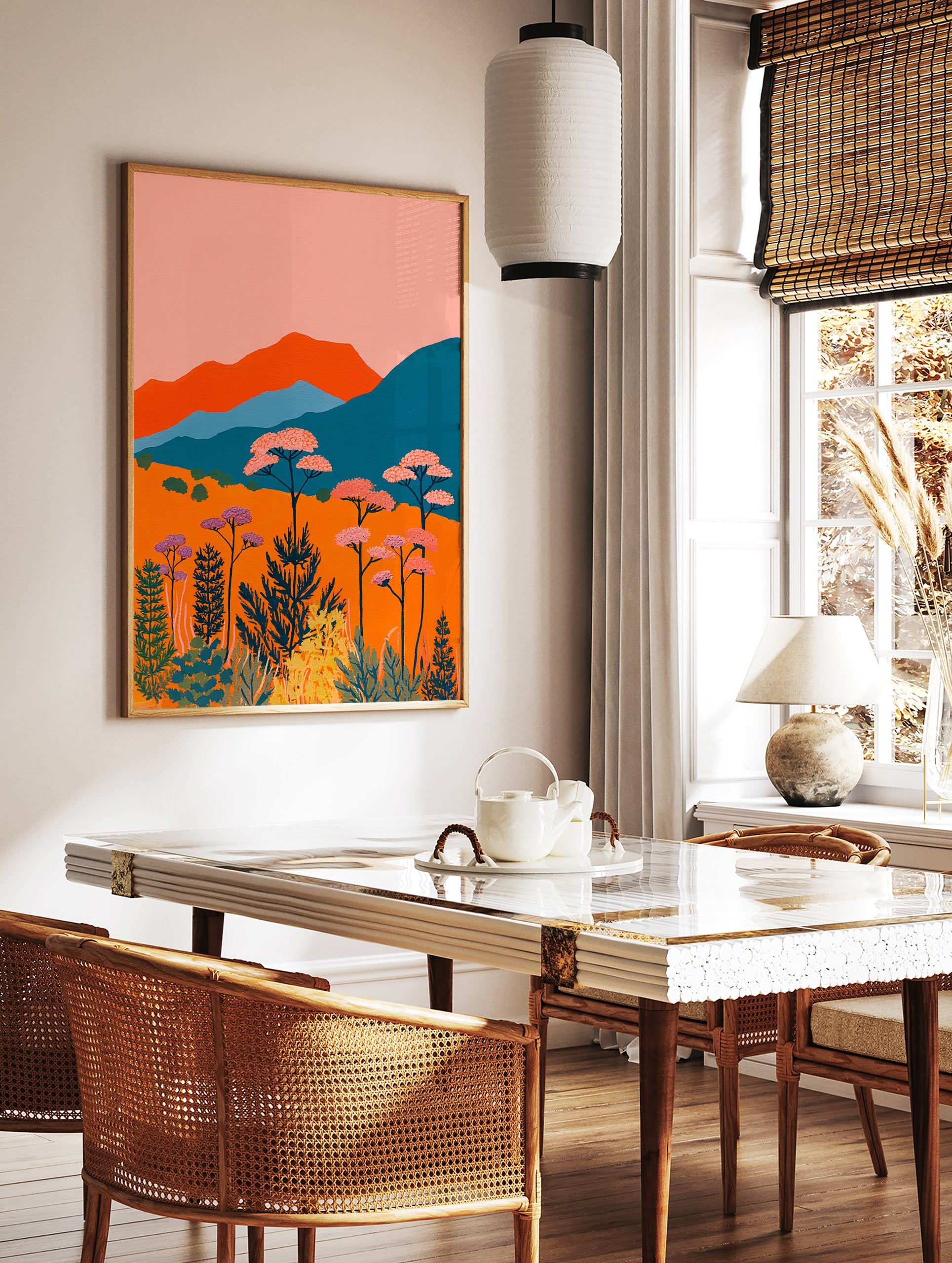 Vibrant landscape wall art with orange fields, pink flowering trees, and teal mountains under a pink sky in an illustrative style. - Image 2