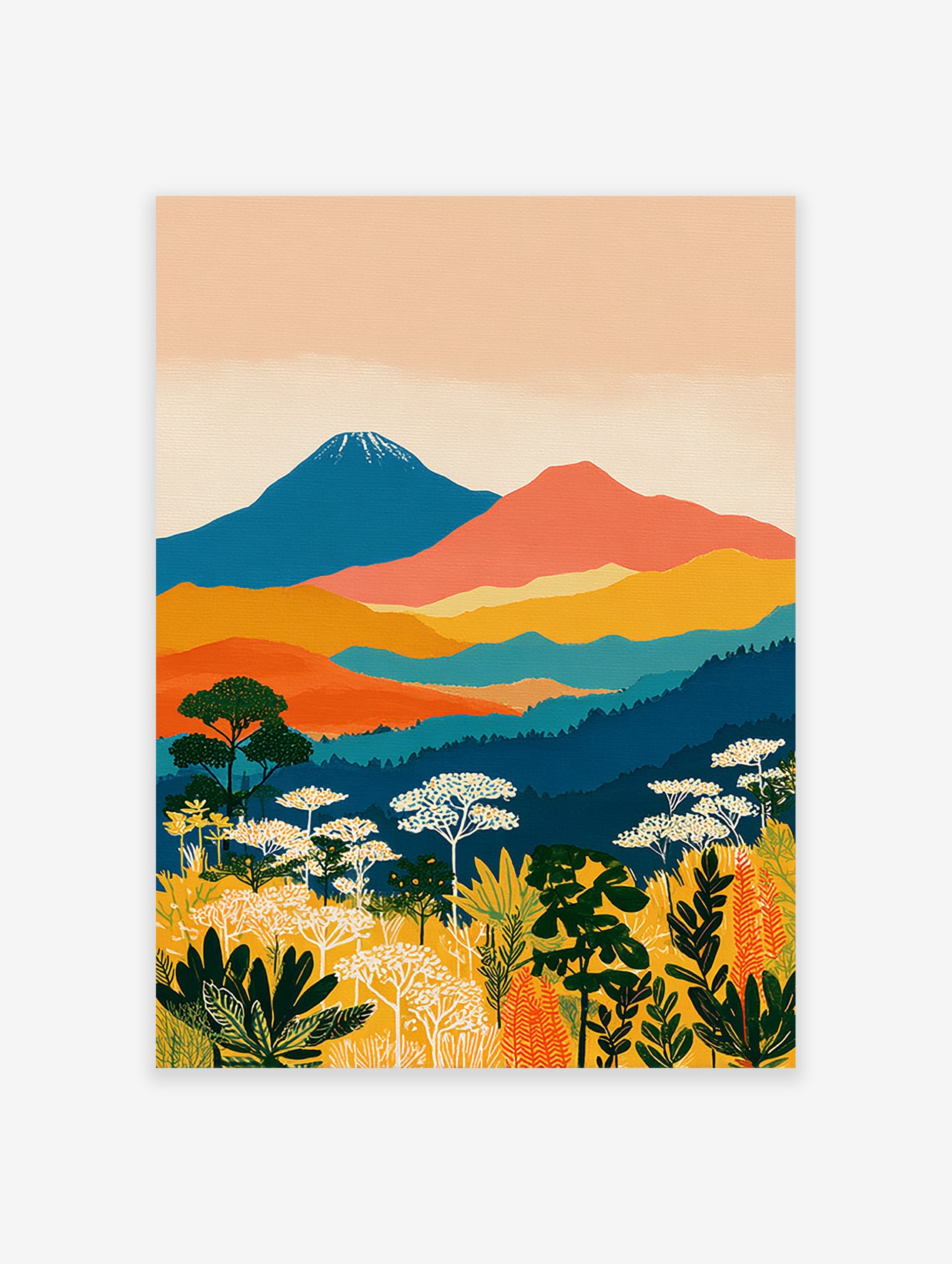 Vibrant illustrative landscape wall art with blue mountains, orange hills, green forests, and yellow botanical foreground.