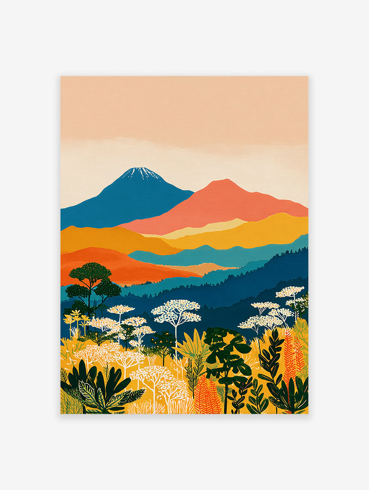 Vibrant illustrative landscape wall art with blue mountains, orange hills, green forests, and yellow botanical foreground.