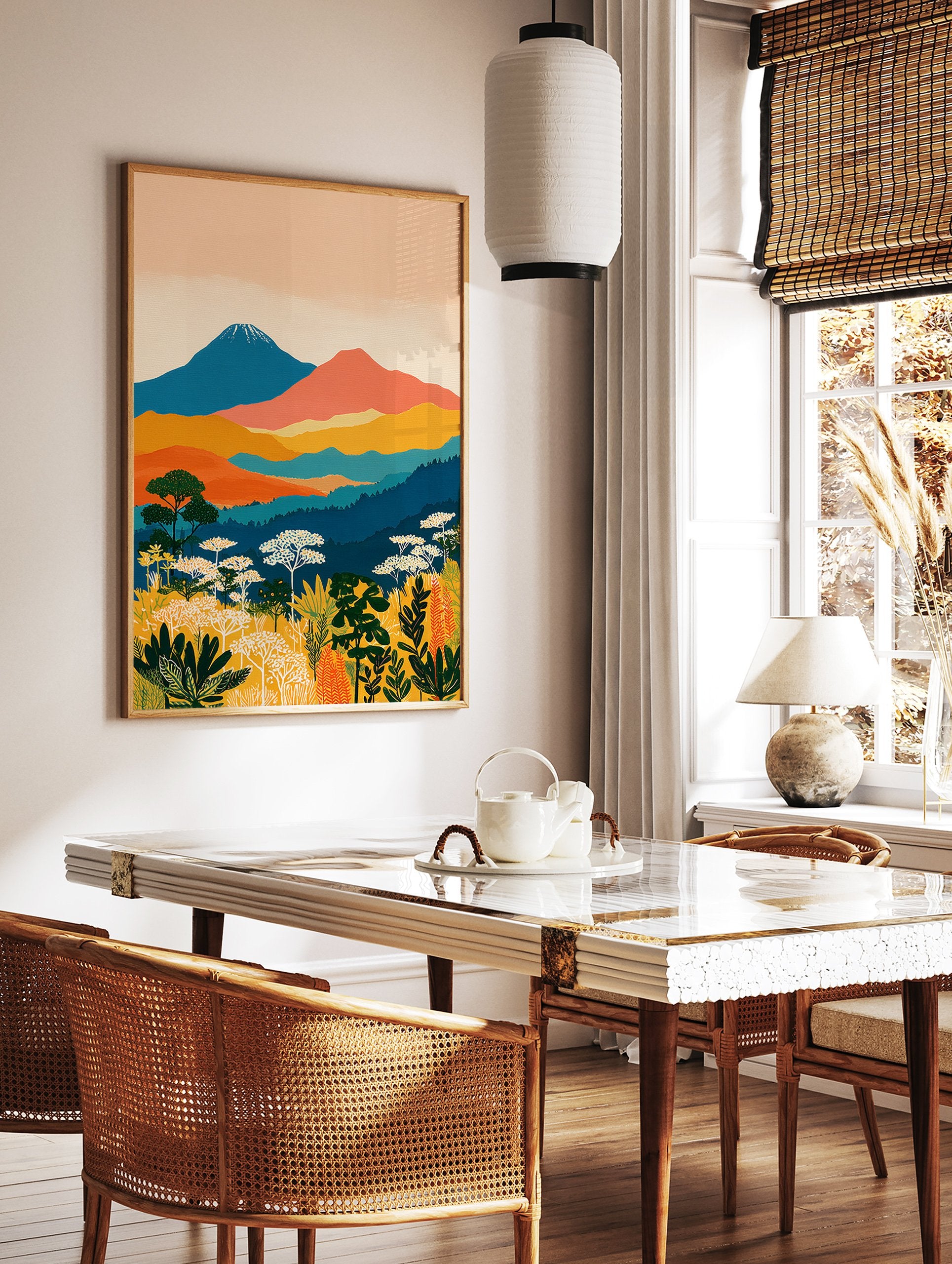 Vibrant illustrative landscape wall art with blue mountains, orange hills, green forests, and yellow botanical foreground. - Image 2