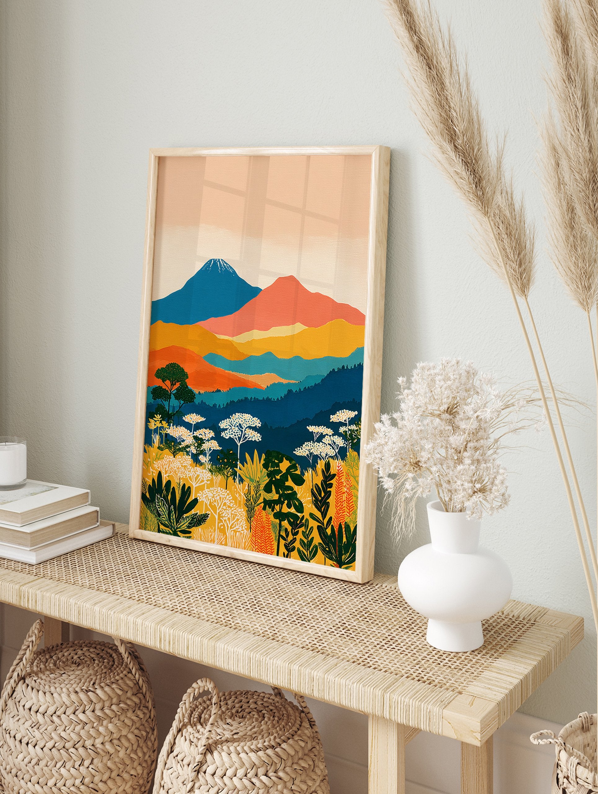 Vibrant illustrative landscape wall art with blue mountains, orange hills, green forests, and yellow botanical foreground. - Image 3