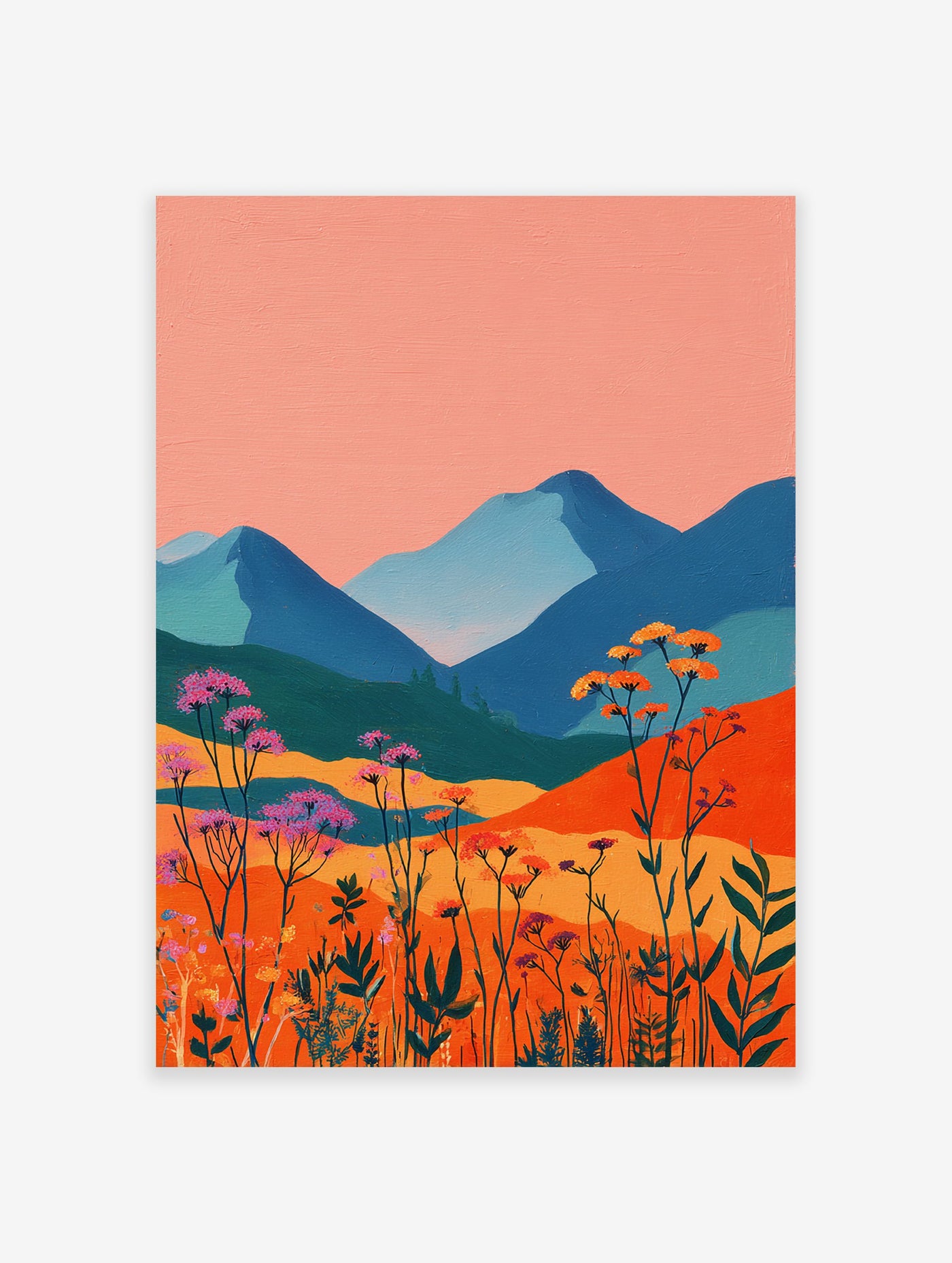 Vibrant landscape painting with blue mountains, orange hills, and pink and orange wildflowers under a peach sky.