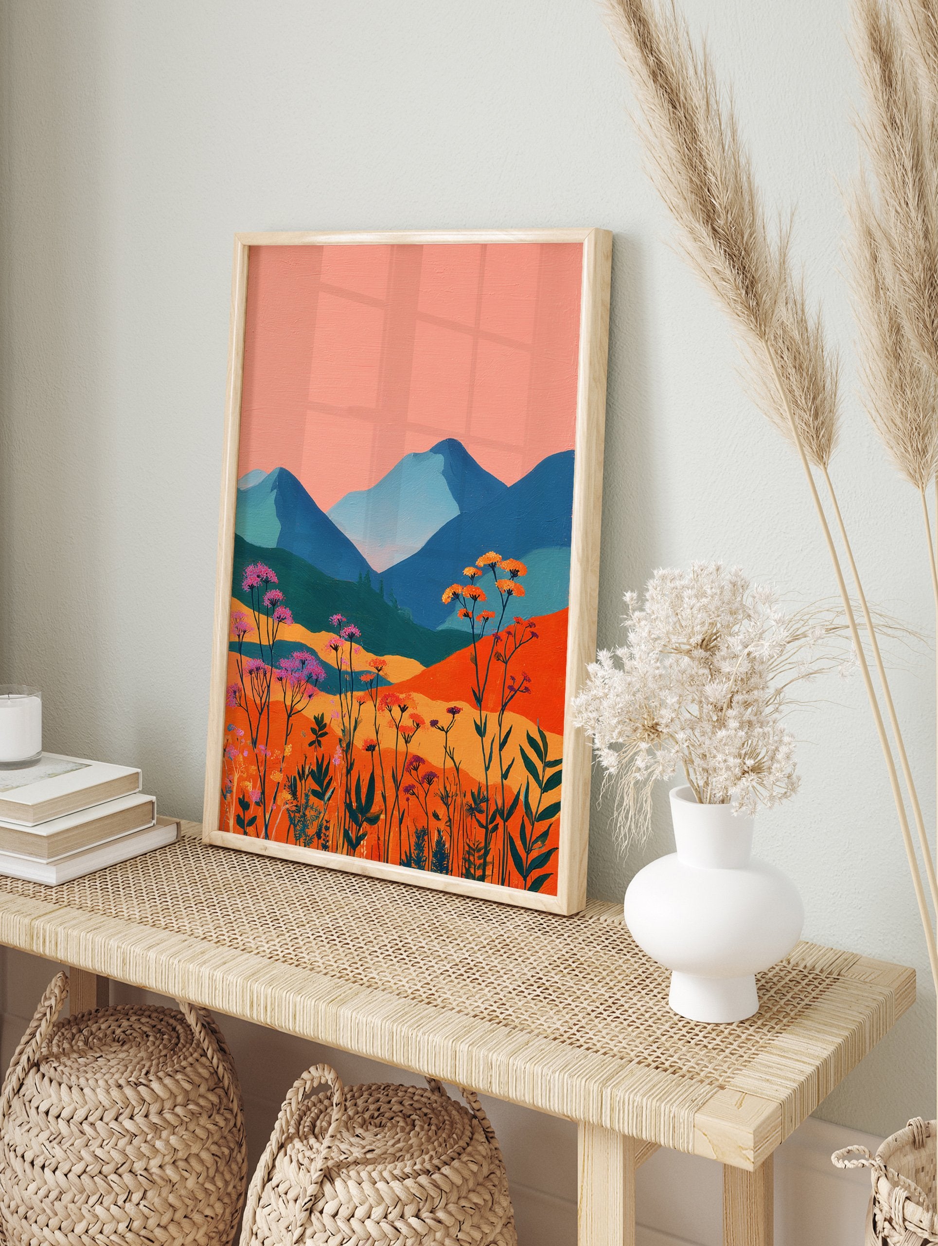 Vibrant landscape painting with blue mountains, orange hills, and pink and orange wildflowers under a peach sky. - Image 3