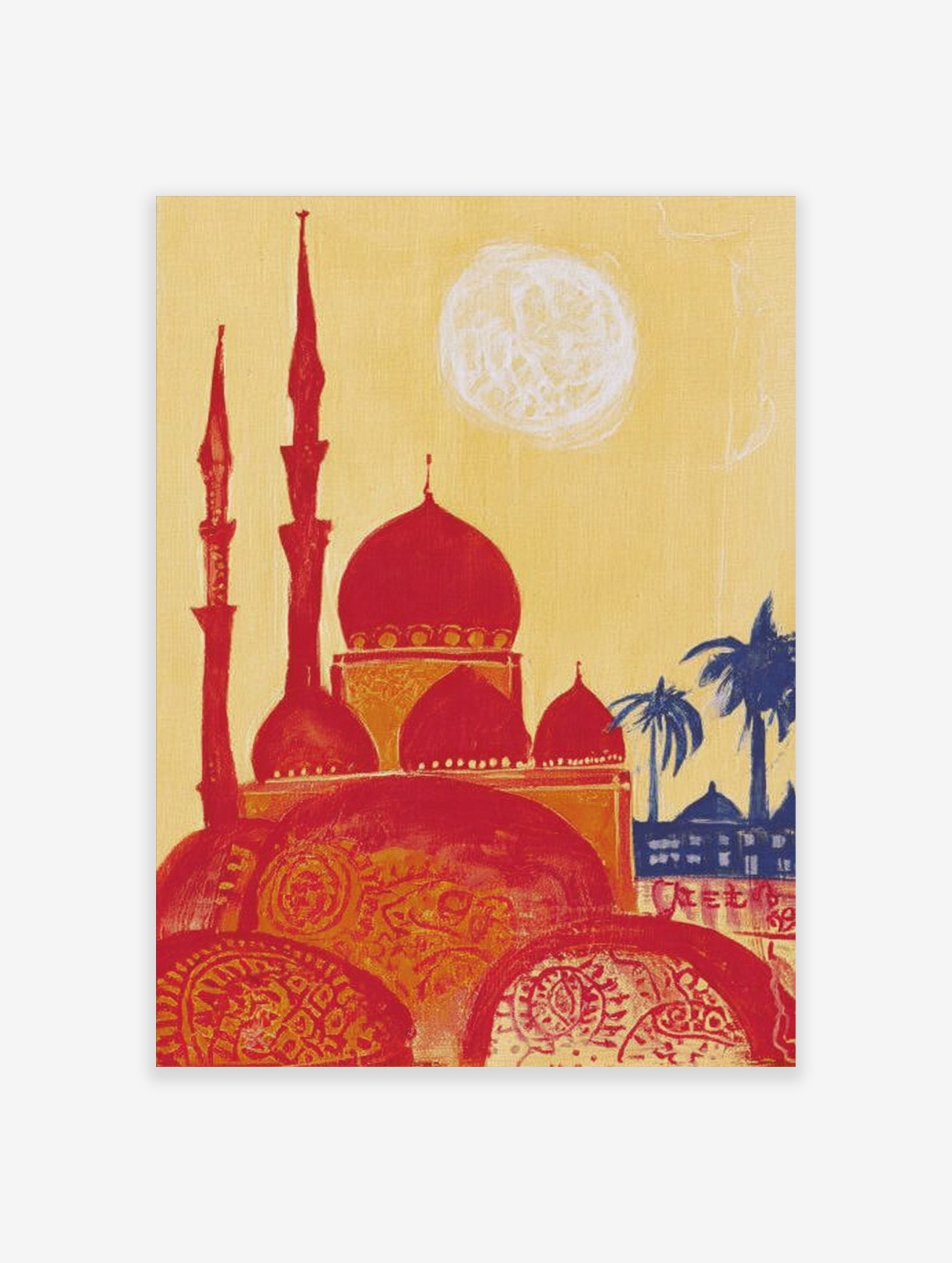 Illustrative print of a red mosque with multiple domes and minarets, yellow sky, blue palm trees, and white sun