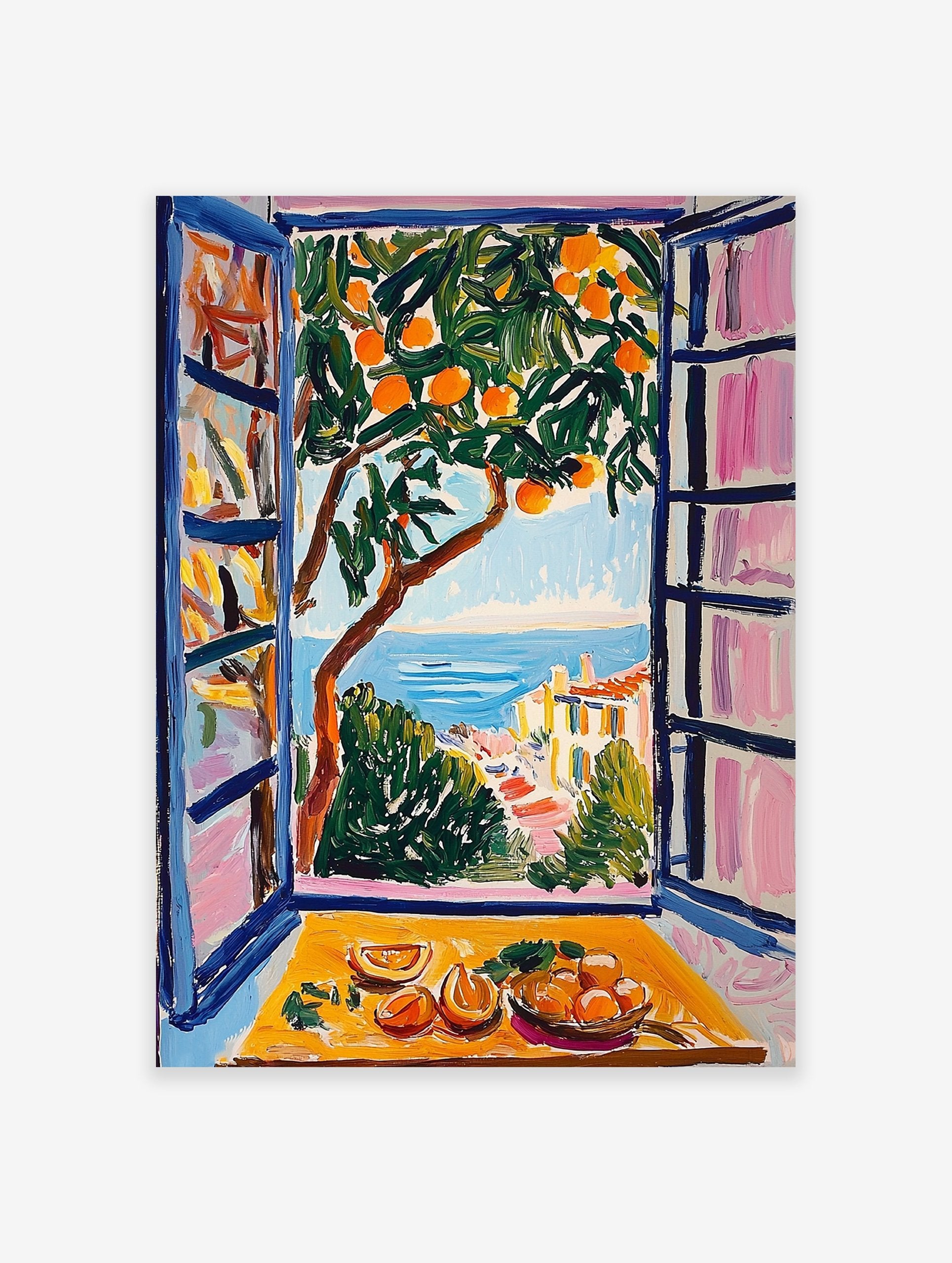 Vibrant orange tree poster with a coastal view of the sea and town through a window, featuring a still life of oranges.