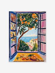 Vibrant orange tree poster with a coastal view of the sea and town through a window, featuring a still life of oranges.