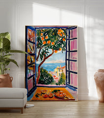 Vibrant orange tree poster with a coastal view of the sea and town through a window, featuring a still life of oranges. - Image 3