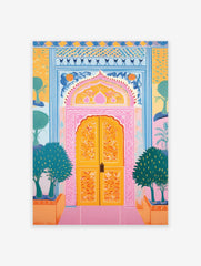 Vibrant ornate door poster with pink arch, yellow doors, blue patterns, and green trees in an Indian style illustration.