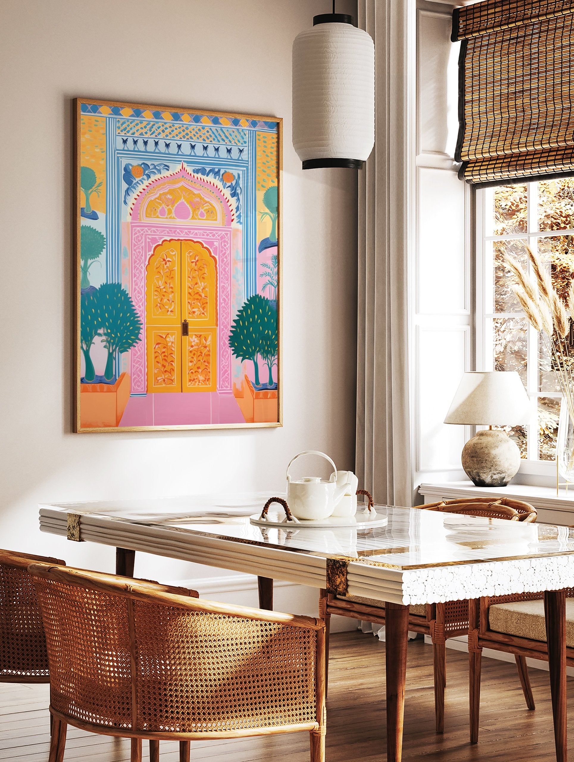 Vibrant ornate door poster with pink arch, yellow doors, blue patterns, and green trees in an Indian style illustration. - Image 2