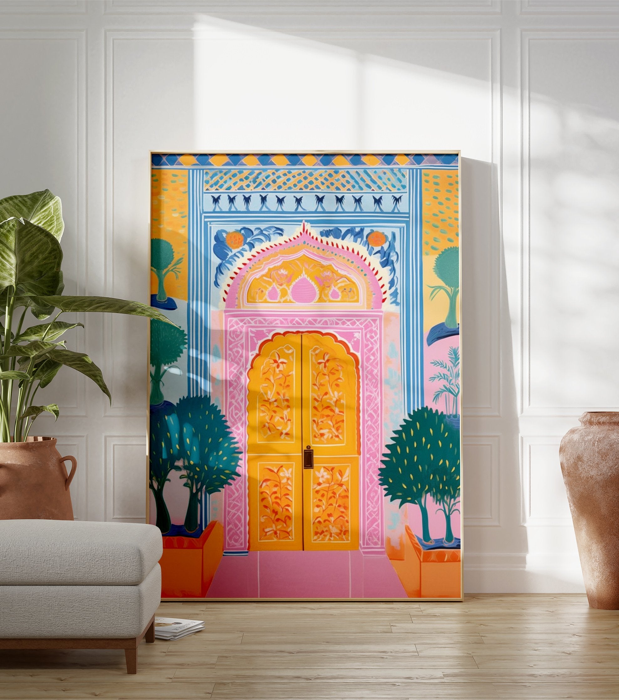 Vibrant ornate door poster with pink arch, yellow doors, blue patterns, and green trees in an Indian style illustration. - Image 3