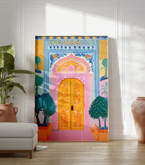 Vibrant ornate door poster with pink arch, yellow doors, blue patterns, and green trees in an Indian style illustration. - Image 3