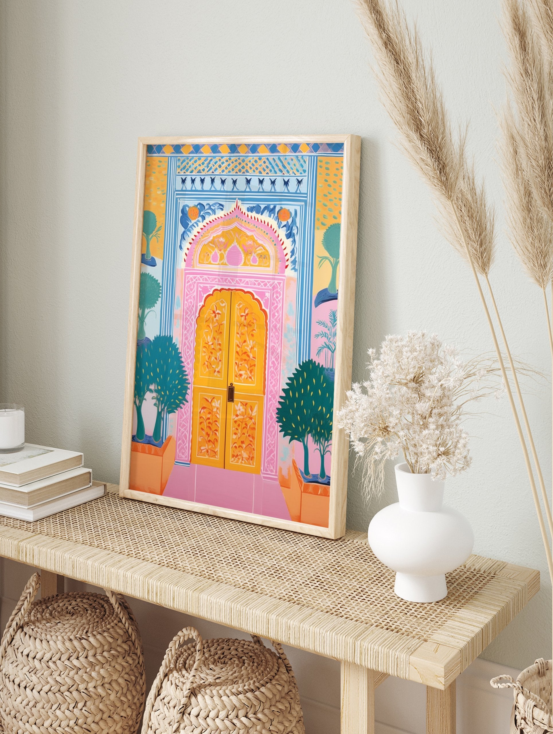 Vibrant ornate door poster with pink arch, yellow doors, blue patterns, and green trees in an Indian style illustration. - Image 4