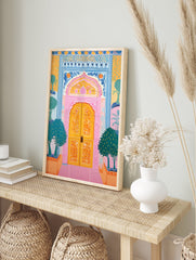 Vibrant ornate door poster with pink arch, yellow doors, blue patterns, and green trees in an Indian style illustration. - Image 4