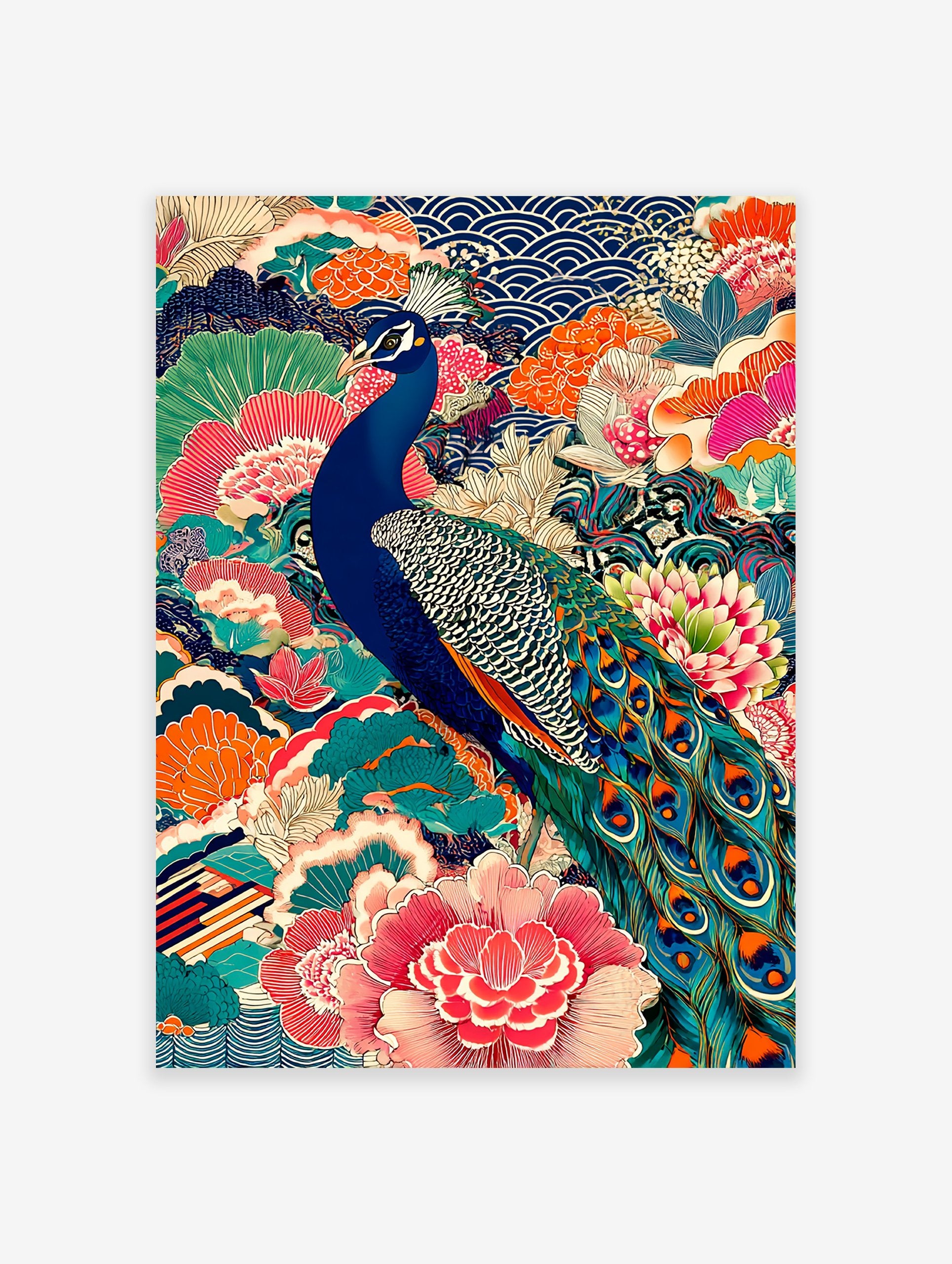 Vibrant Japanese peacock poster with intricate blue, pink, and orange floral patterns and traditional wave motifs.