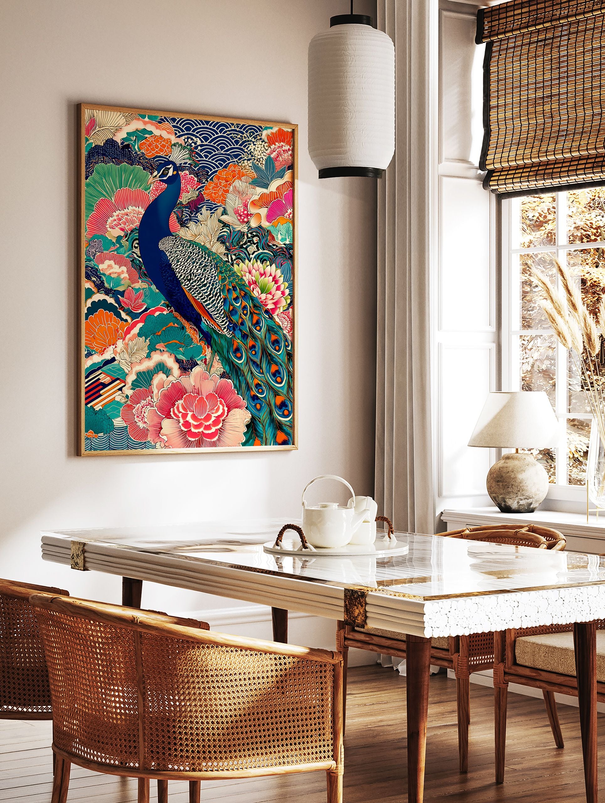 Vibrant Japanese peacock poster with intricate blue, pink, and orange floral patterns and traditional wave motifs. - Image 2