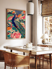 Vibrant Japanese peacock poster with intricate blue, pink, and orange floral patterns and traditional wave motifs. - Image 2