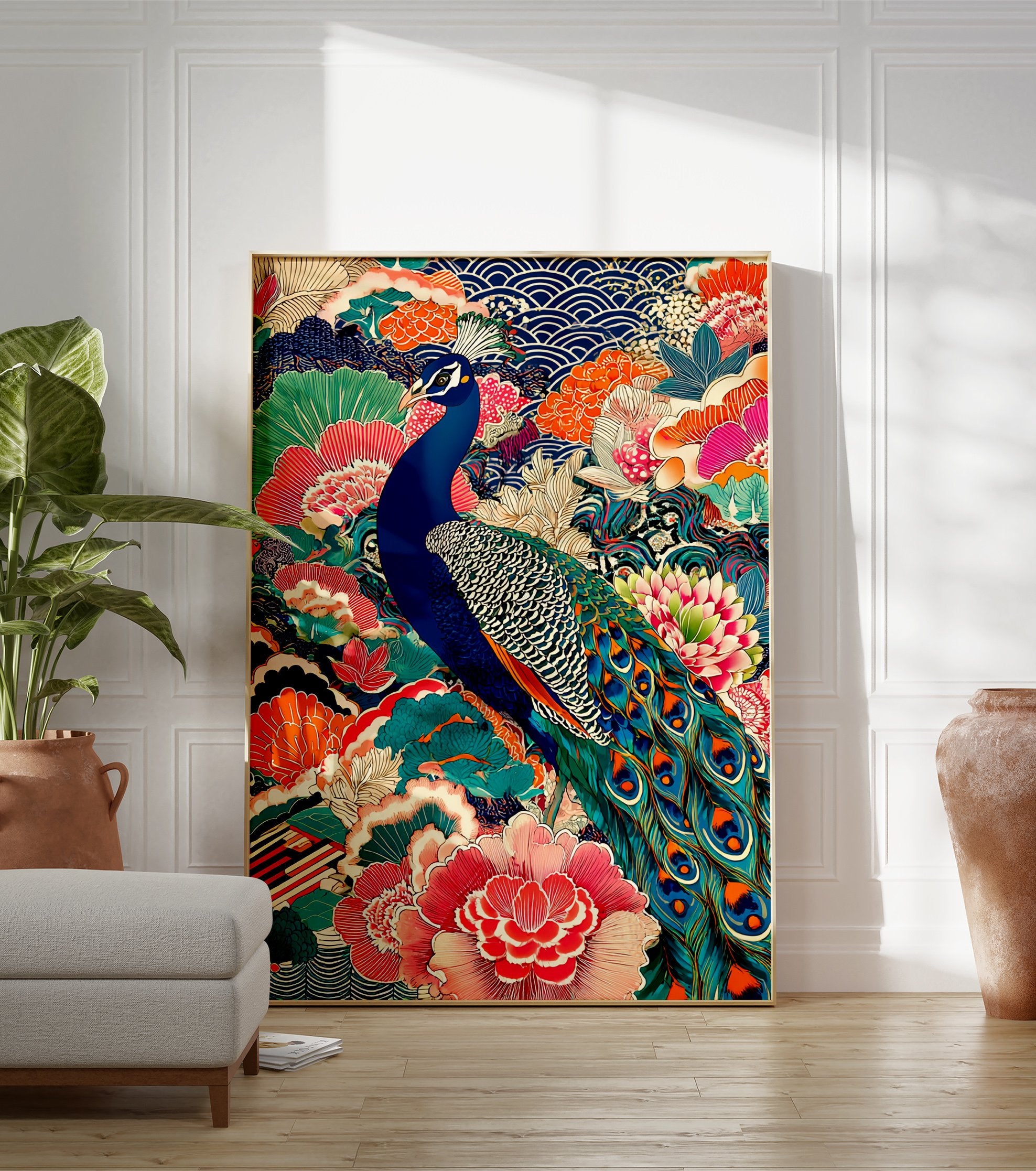 Vibrant Japanese peacock poster with intricate blue, pink, and orange floral patterns and traditional wave motifs. - Image 3