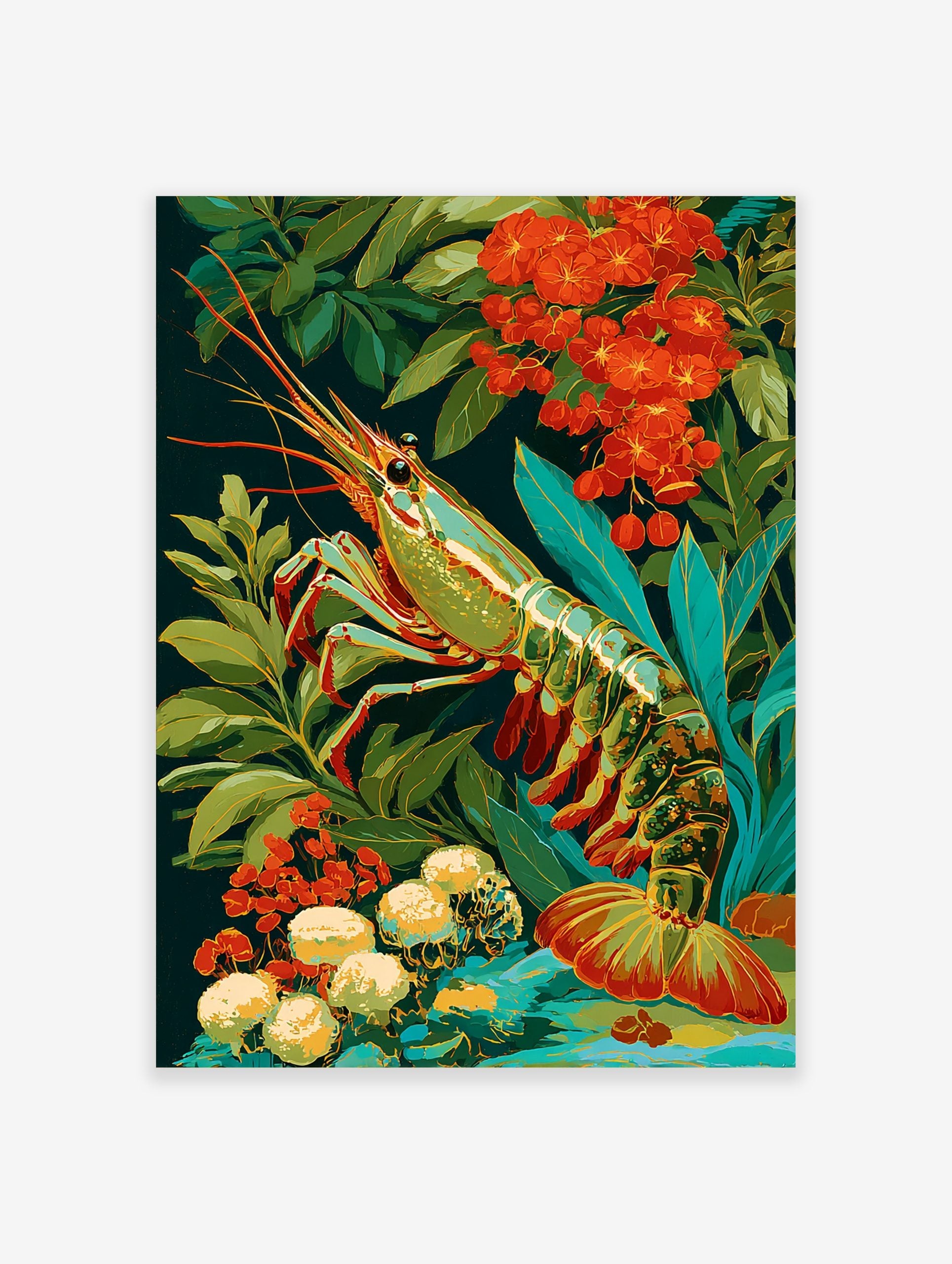 Vibrant prawn illustration with green, blue, and gold shell, surrounded by red flowers and green leaves
