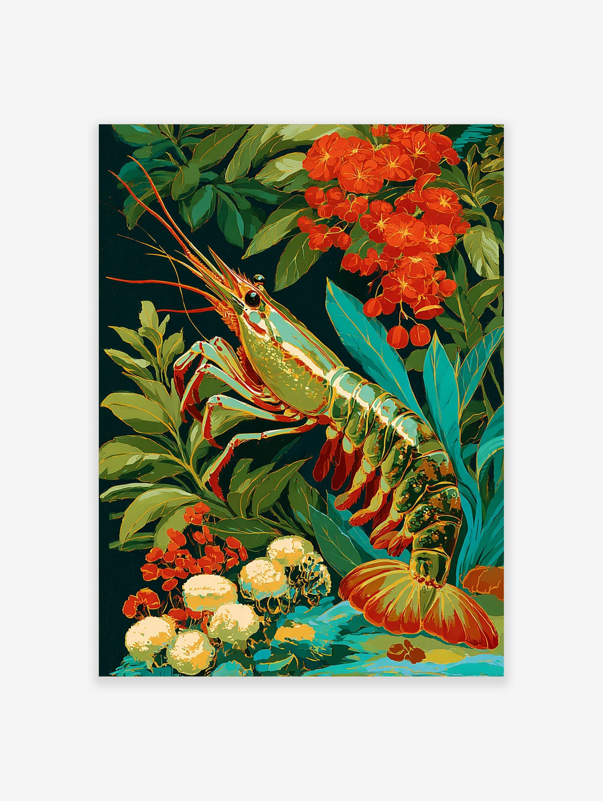Vibrant prawn illustration with green, blue, and gold shell, surrounded by red flowers and green leaves
