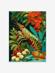 Vibrant prawn illustration with green, blue, and gold shell, surrounded by red flowers and green leaves