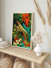 Vibrant prawn illustration with green, blue, and gold shell, surrounded by red flowers and, in an alternate framed mockup