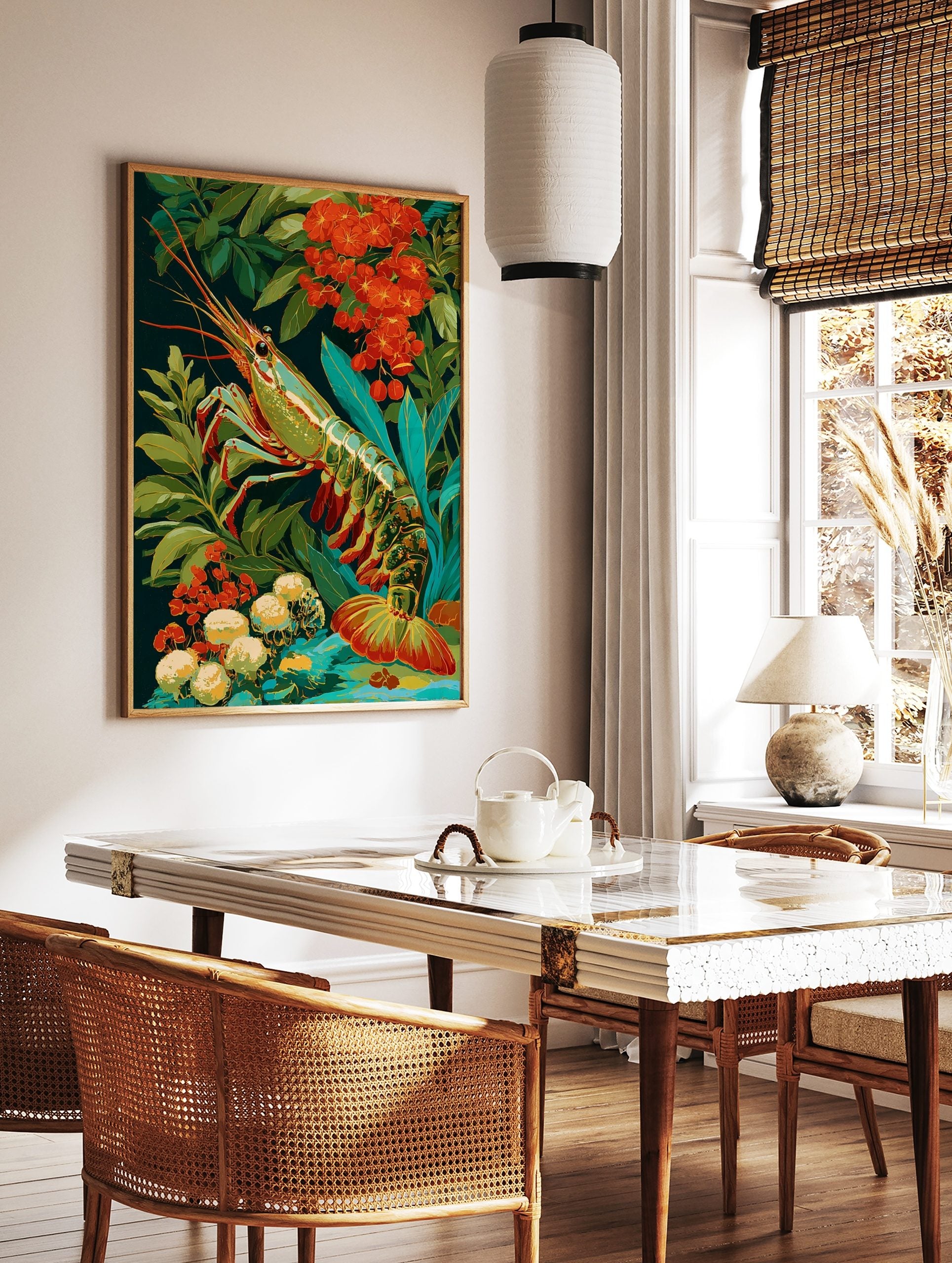 Vibrant prawn illustration with green, blue, and gold shell, surrounded by red flowers and green, in a styled room mockup