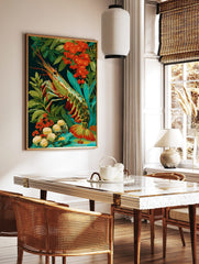 Vibrant prawn illustration with green, blue, and gold shell, surrounded by red flowers and green, in a styled room mockup