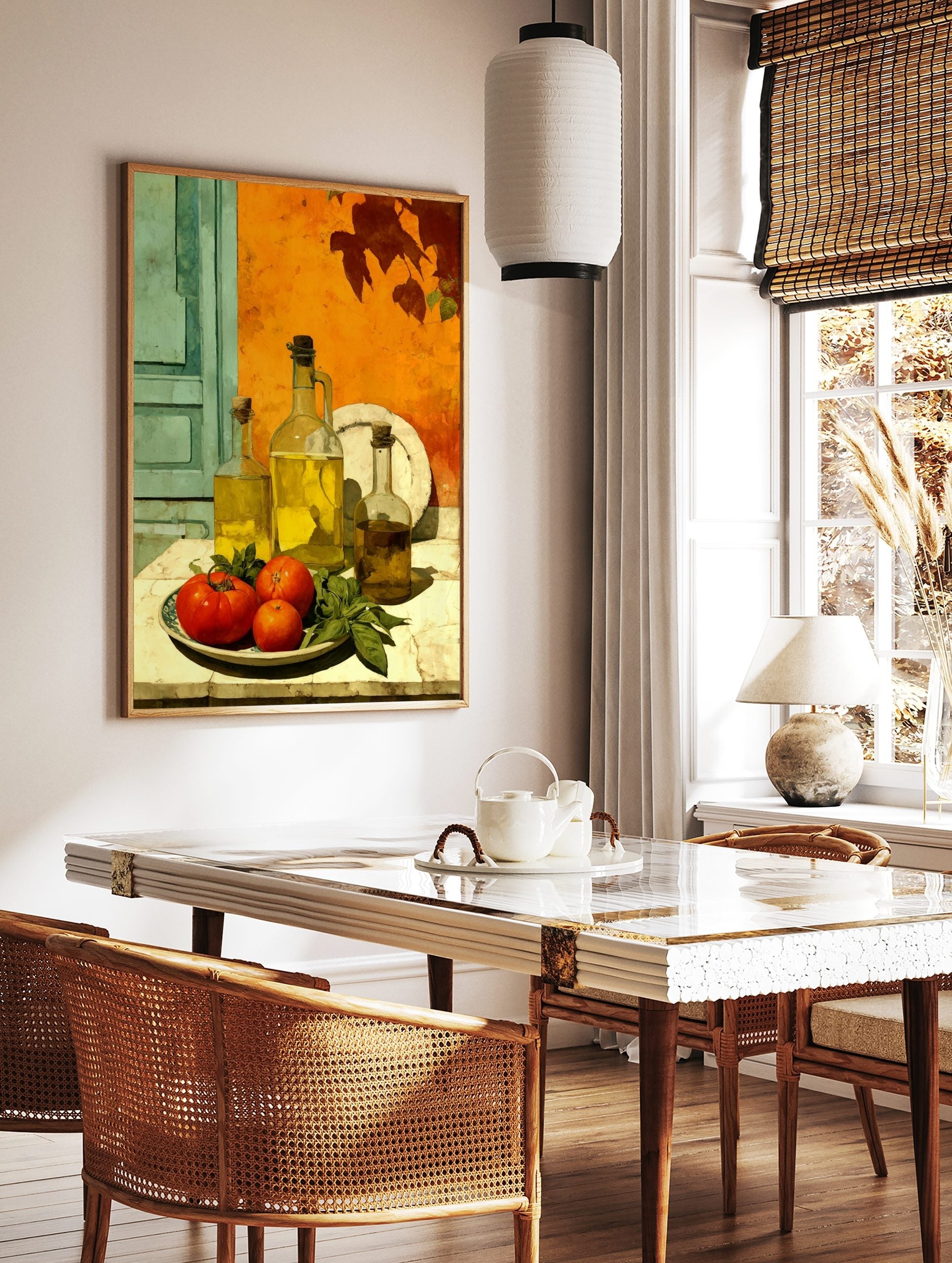 Still life print with olive oil bottles, red tomatoes, and basil against an orange wall and teal, in a styled room mockup