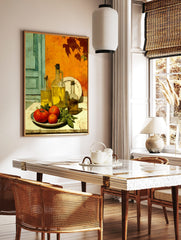 Still life print with olive oil bottles, red tomatoes, and basil against an orange wall and teal, in a styled room mockup