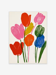 Vibrant tulip bouquet illustration with red, pink, orange, blue, and yellow flowers on a white background