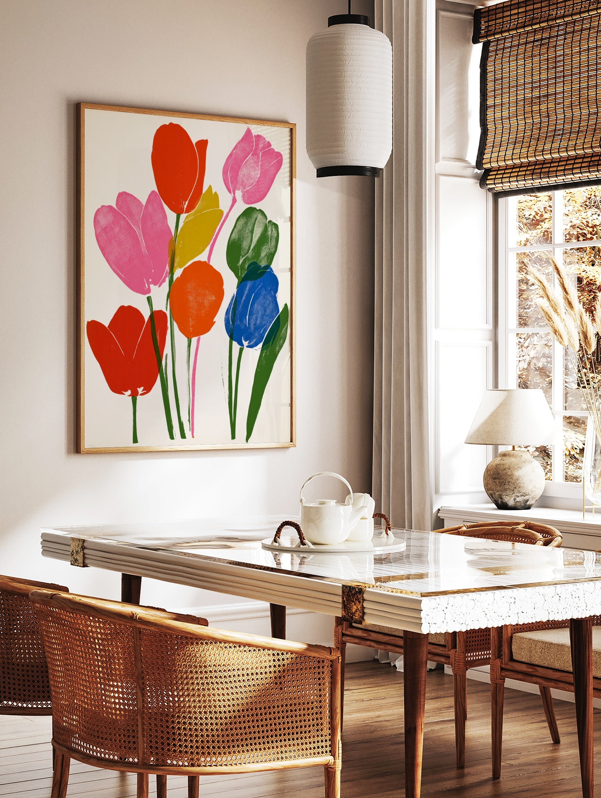 Vibrant tulip bouquet illustration with red, pink, orange, blue, and yellow flowers on a white, in a styled room mockup