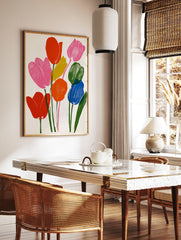 Vibrant tulip bouquet illustration with red, pink, orange, blue, and yellow flowers on a white, in a styled room mockup