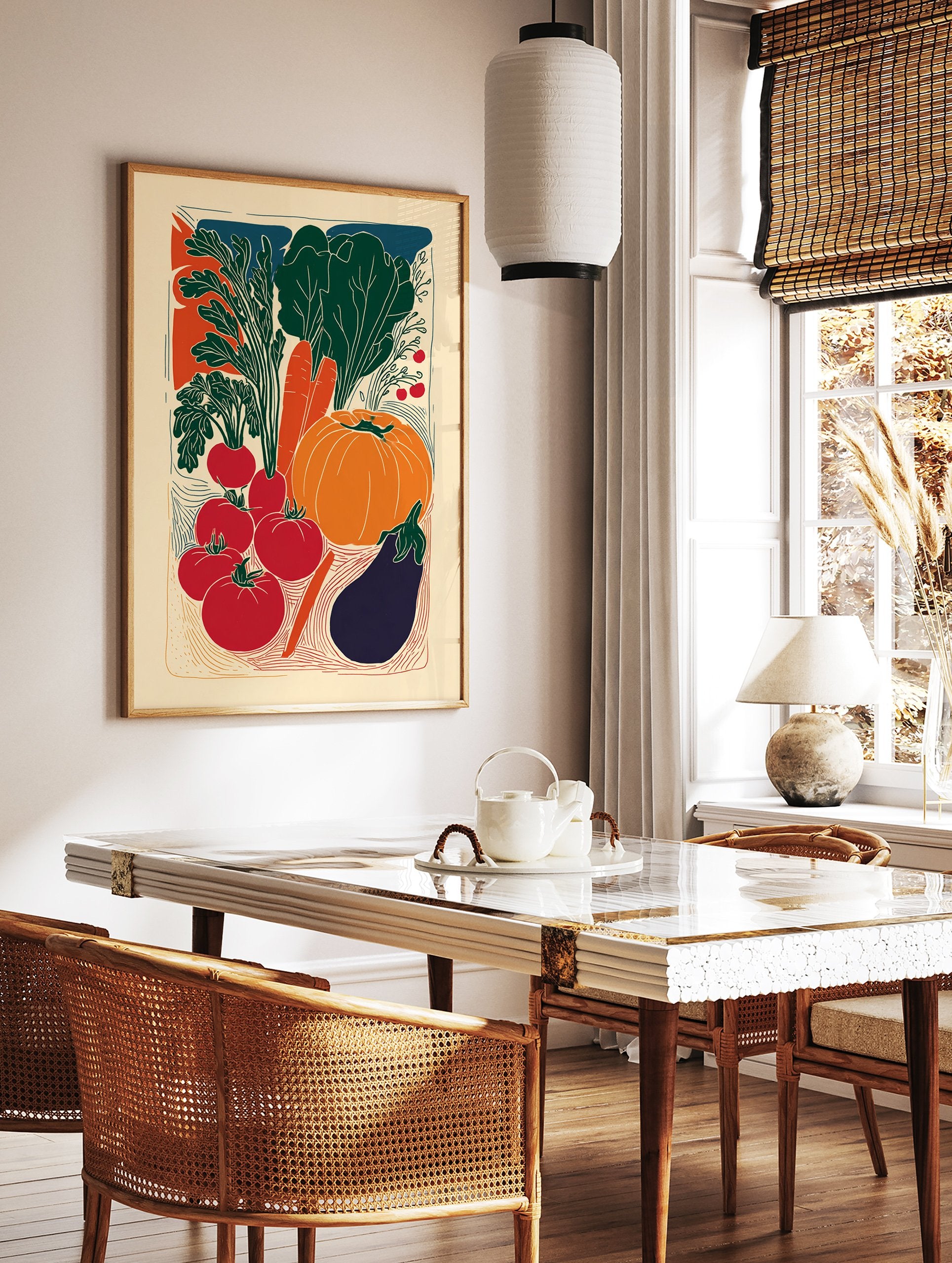 Vibrant illustrative vegetable poster featuring a pumpkin, carrots, tomatoes, radishes, eggplant, and leafy greens in a folk art style. - Image 2